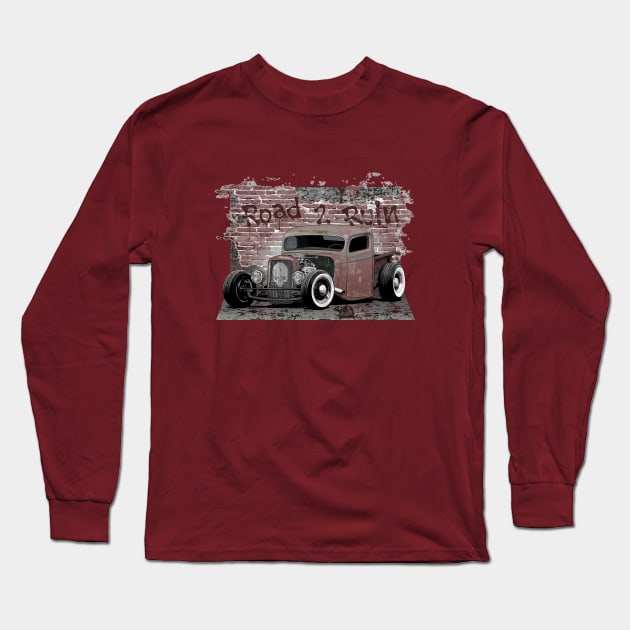 Rusty Rat Rod Pickup with skull emblem and brick backdrop Long Sleeve T-Shirt by ZoeysGarage